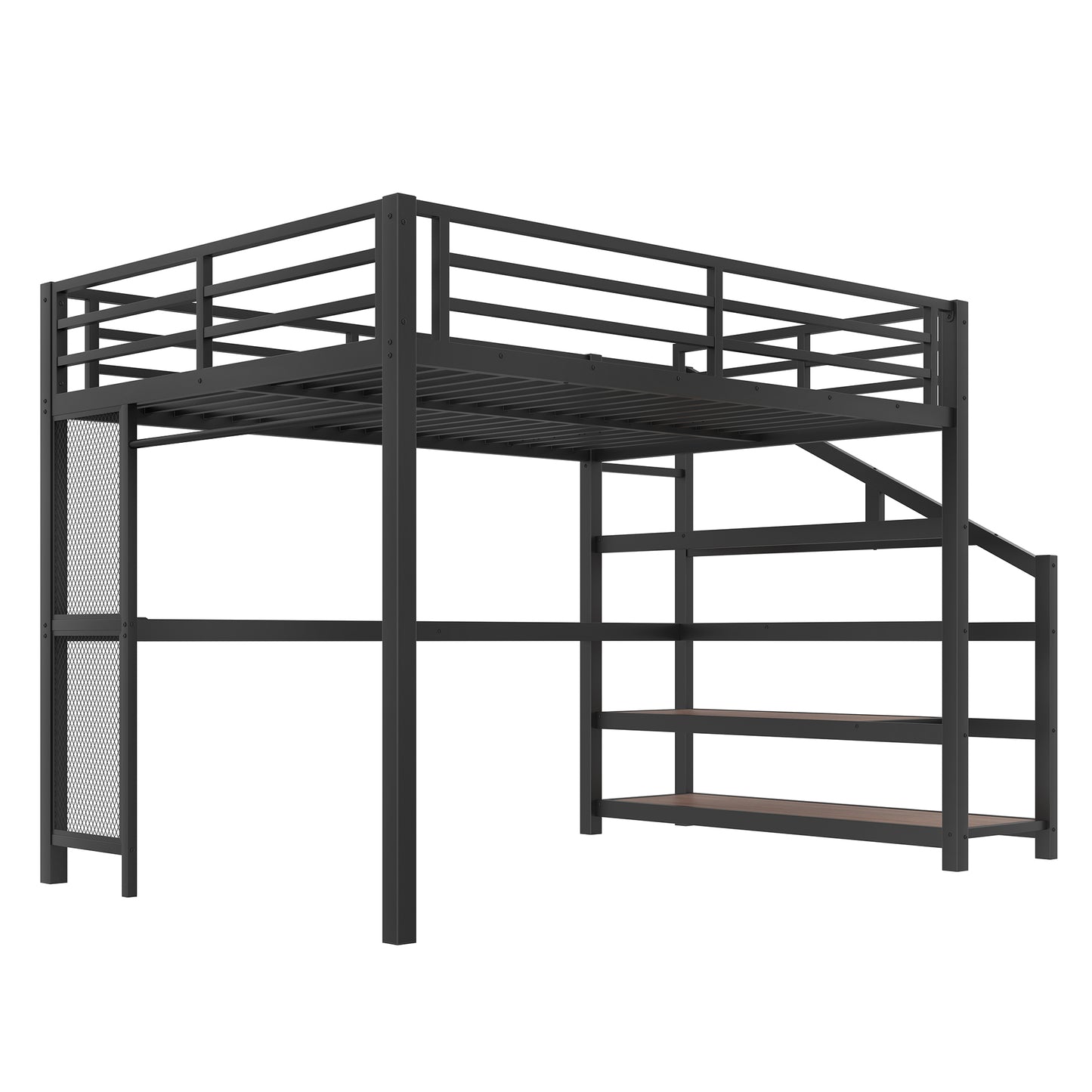 Queen Loft Bed with Desk and Storage Stairs, Metal Loft Beds with LED Lights, USB Ports, Multifunctional Iron Nets, No Spring Box Needed and Noise-free, Black image 7