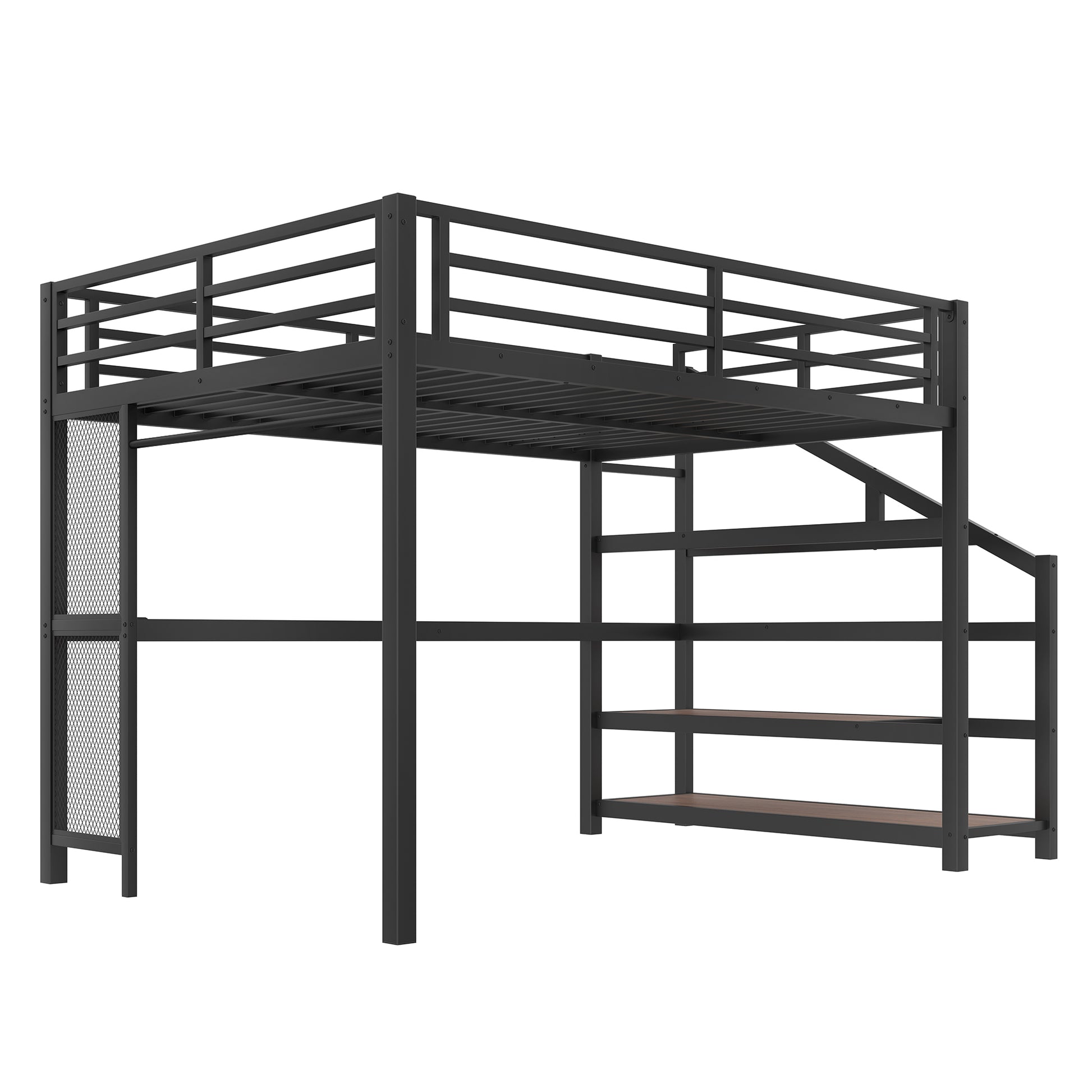 Queen Loft Bed with Desk and Storage Stairs, Metal Loft Beds with LED Lights, USB Ports, Multifunctional Iron Nets, No Spring Box Needed and Noise-free, Black image 7