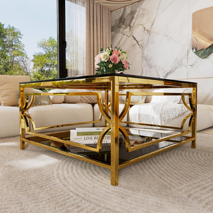 Square Glass Coffee Table in 33.5",Luxurious Geometric Metal Frame,Gold Finish & Lower Shelf image 12