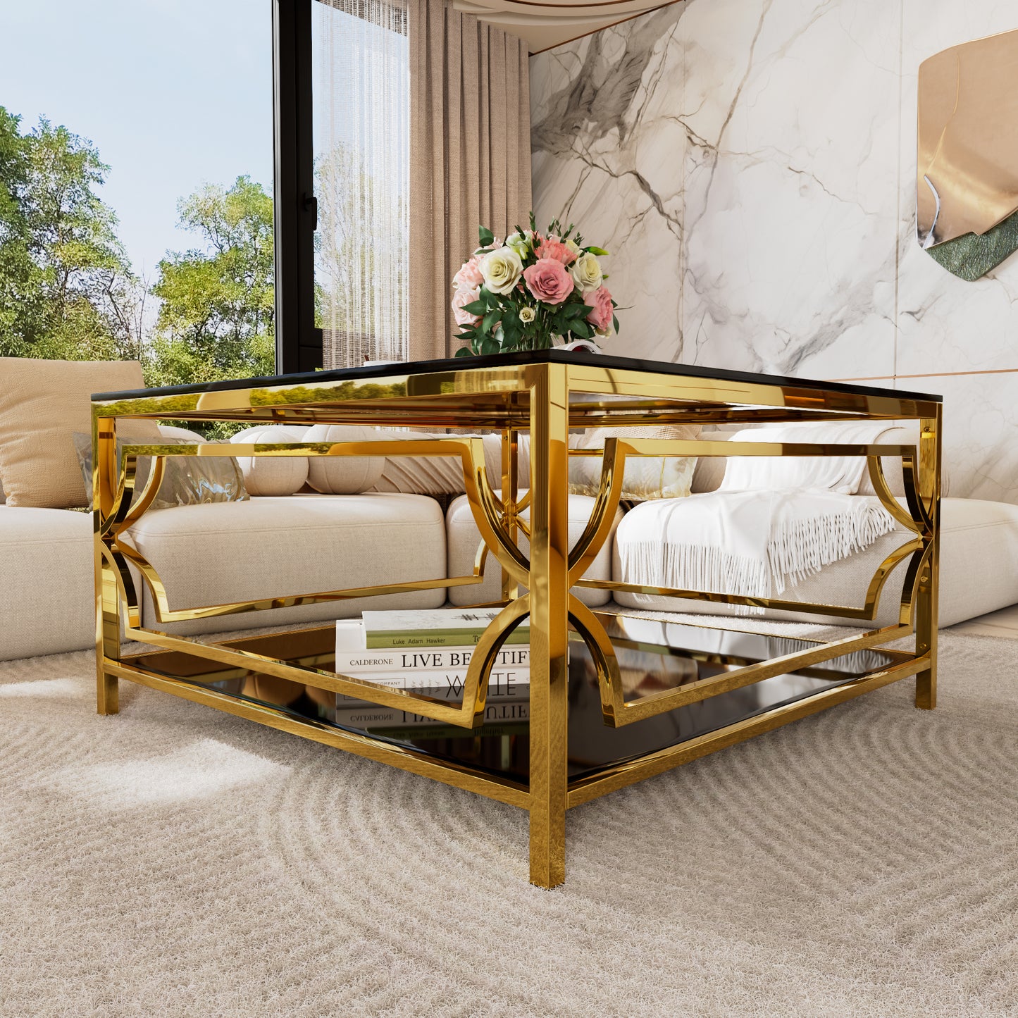 Square Glass Coffee Table in 33.5",Luxurious Geometric Metal Frame,Gold Finish & Lower Shelf image 12