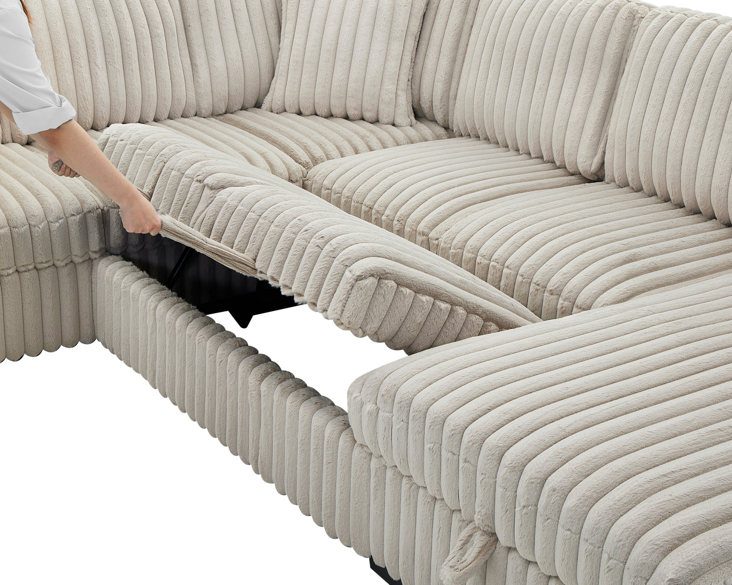122 Inch Pull Out Couch, Rabbit plush Fabric Sofa Bed with USB Ports & Comfy Upholstered, Oversized U Shape Sectional Sleeper Sofa Bed with Storage Chaise, Khaki image 8
