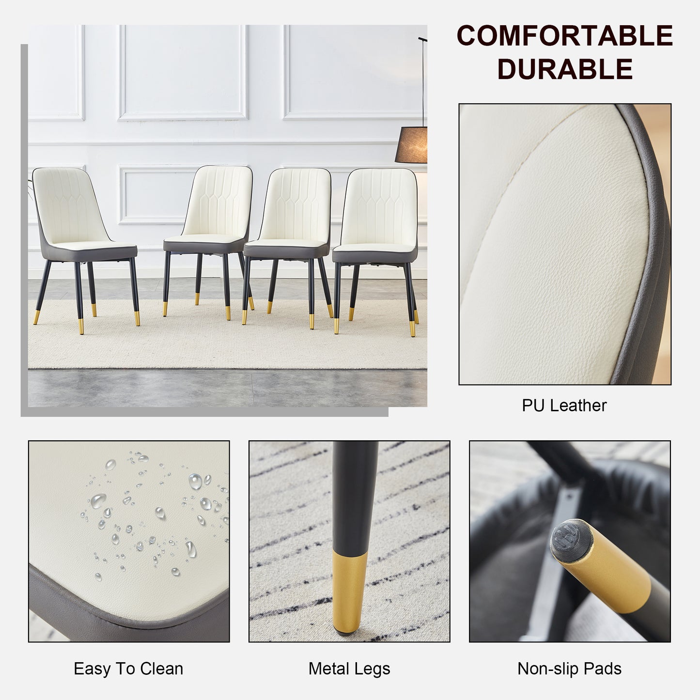 A modern dining chair with a white dark gray dual tone PU leather backrest and black metal legs, suitable for kitchens, bedrooms, and offices. A set of 4 pieces (white+dark gray+PU)C-007 image 6