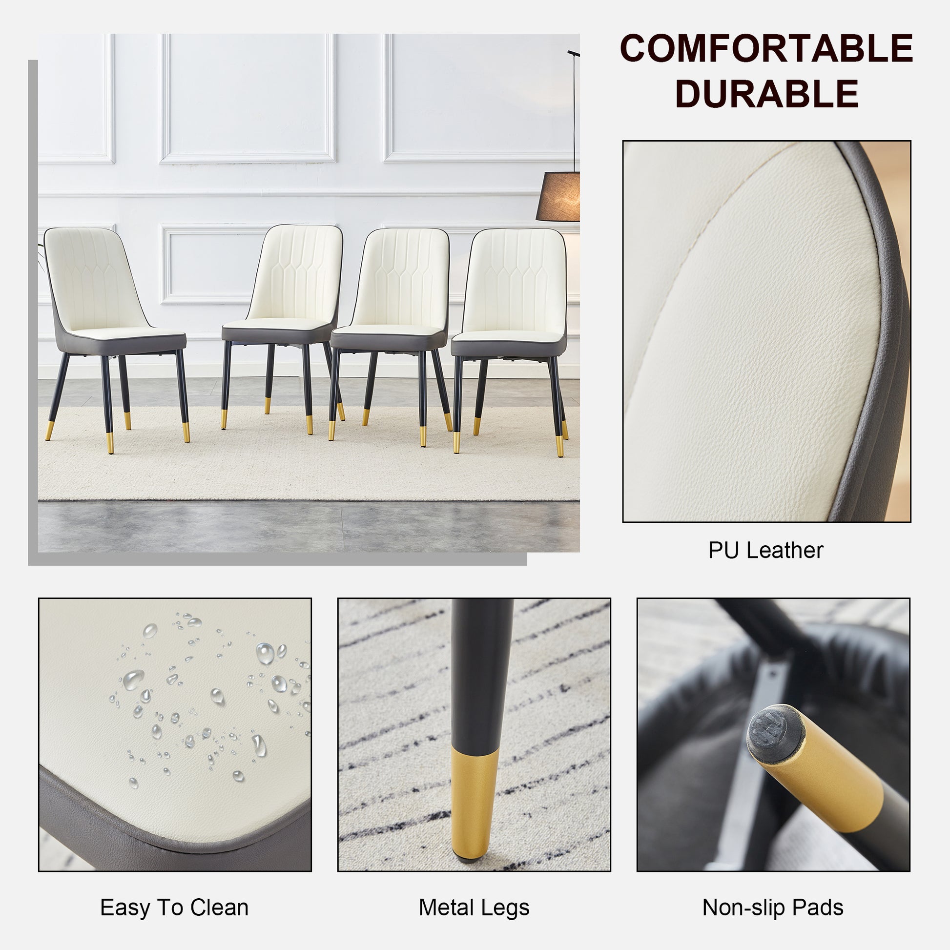 A modern dining chair with a white dark gray dual tone PU leather backrest and black metal legs, suitable for kitchens, bedrooms, and offices. A set of 4 pieces (white+dark gray+PU)C-007 image 6