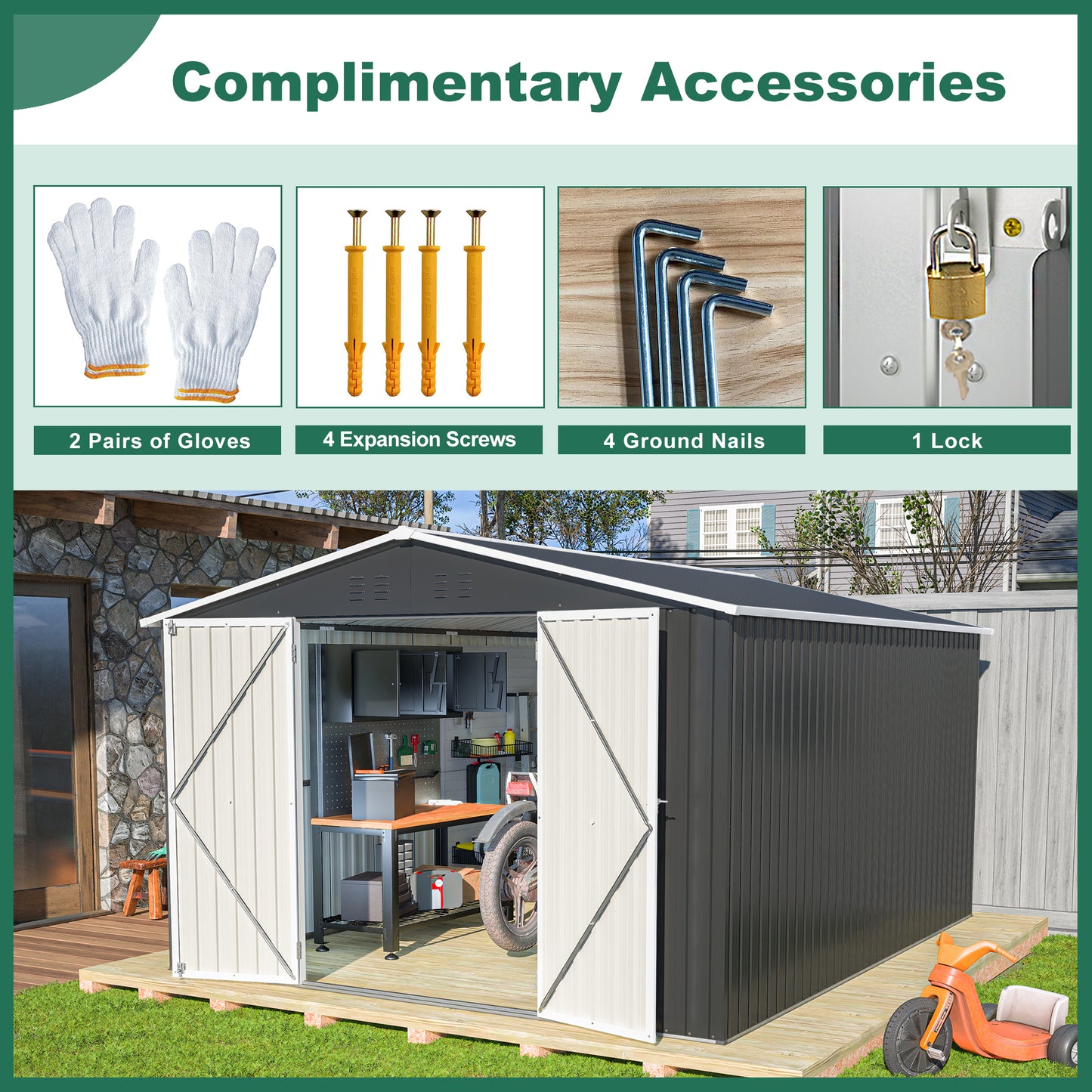 Outdoor Storage Shed 10x12 FT, Utility Metal Tool Storage with Lockable Doors and Updated Frame Structure, Large Metal Garden Shed for Backyard, Patio Lawn, Black image 4