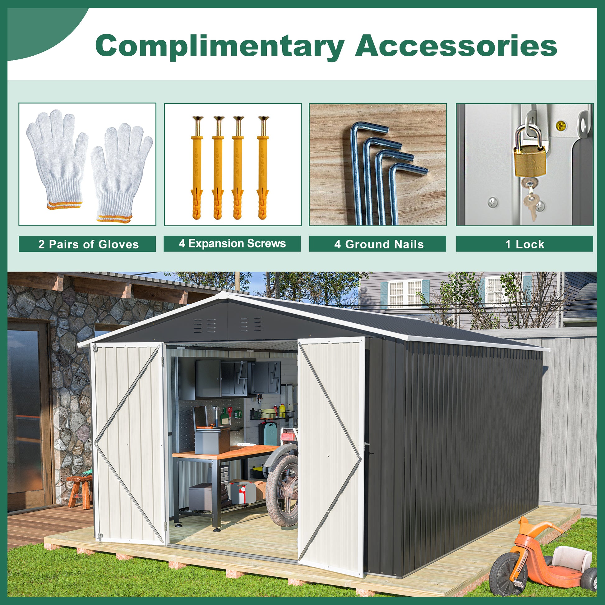 Outdoor Storage Shed 10x12 FT, Utility Metal Tool Storage with Lockable Doors and Updated Frame Structure, Large Metal Garden Shed for Backyard, Patio Lawn, Black image 4