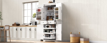 K&K 71" Tall Kitchen Pantry Cabinet with 3 Pull Out Cabinet Organizers, Farmhouse Embossed Texture Storage Cabinet with 6 Door Shelves, 2 Drawers, Freestanding Cupboard for Kitchen, Dining Room White image 11