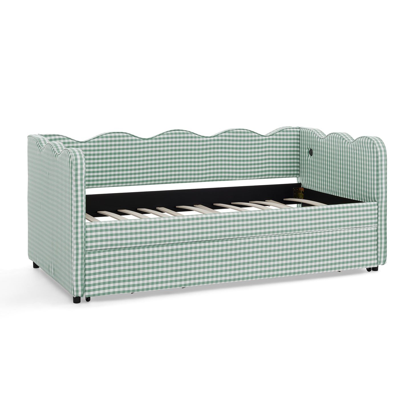 Cozy Gingham Daybed with Trundle Twin Size Sofa Bed No Box Spring Needed, with USB Port and Adorable Wave Shaped, Linen Fabric image 11