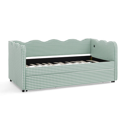 Cozy Gingham Daybed with Trundle Twin Size Sofa Bed No Box Spring Needed, with USB Port and Adorable Wave Shaped, Linen Fabric image 11