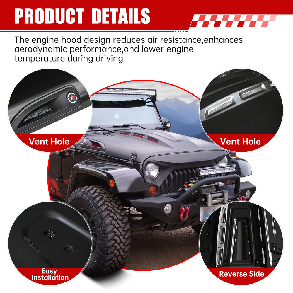 The Avenger Style Replacement Hood Compatible with 2007-2017 Jeep Wrangler JK JKU Unlimited Rubicon Black image 5