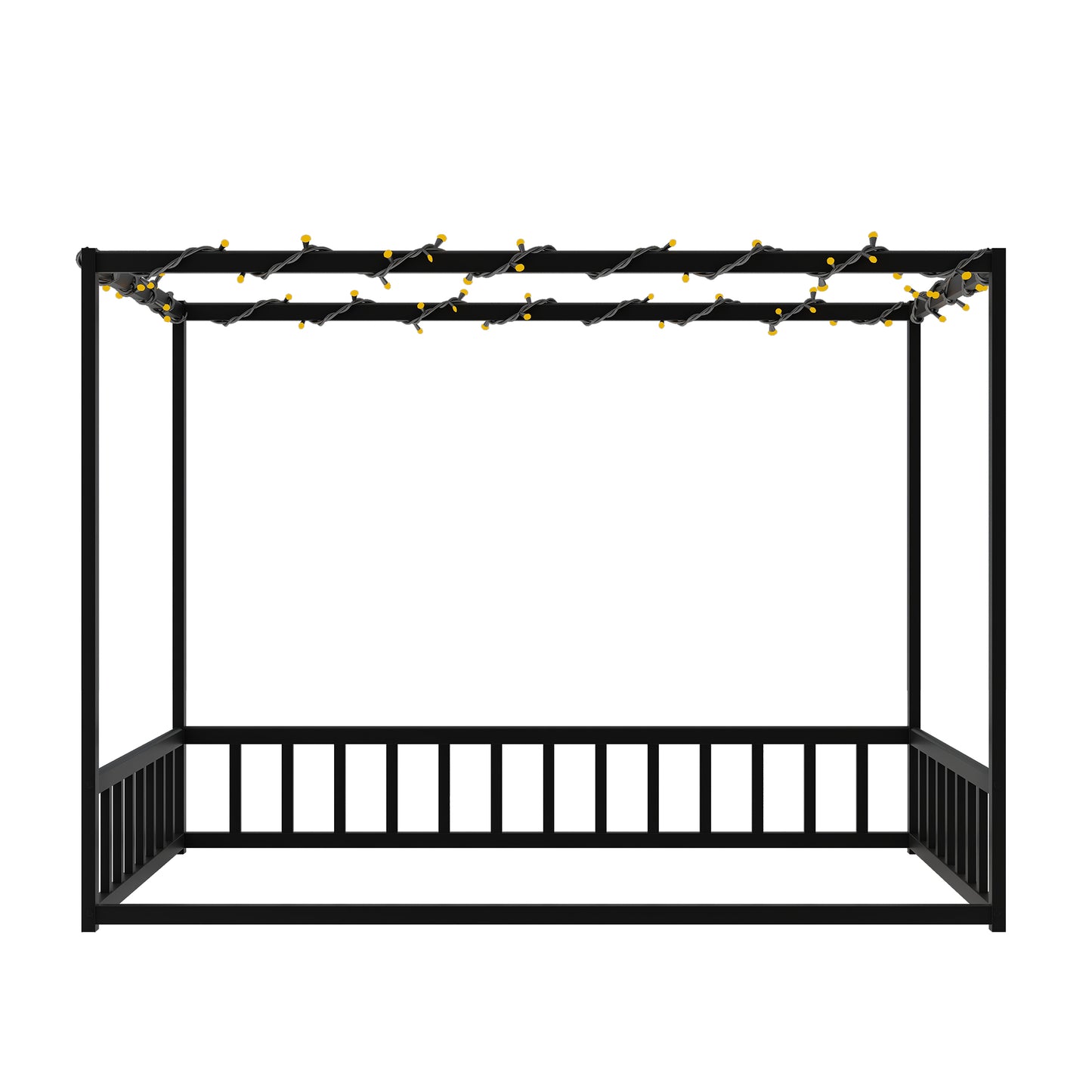 Twin size sunshade floor bed, iron double-size bed frame, modern low-profile double-size bed, equipped with fence-style guardrails, black series image 5