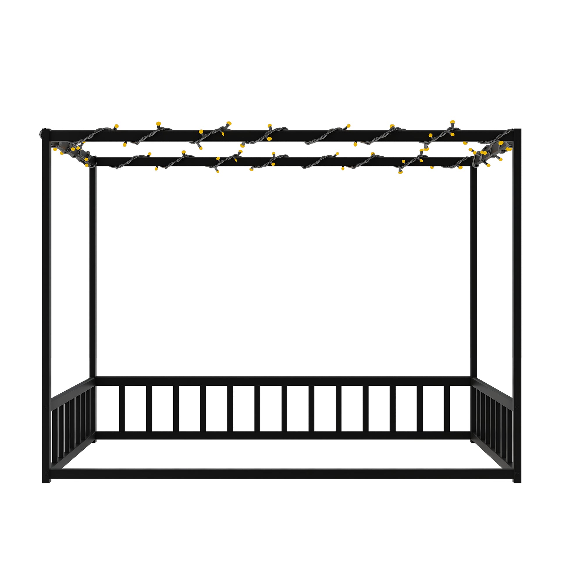 Twin size sunshade floor bed, iron double-size bed frame, modern low-profile double-size bed, equipped with fence-style guardrails, black series image 5