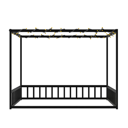 Twin size sunshade floor bed, iron double-size bed frame, modern low-profile double-size bed, equipped with fence-style guardrails, black series image 5