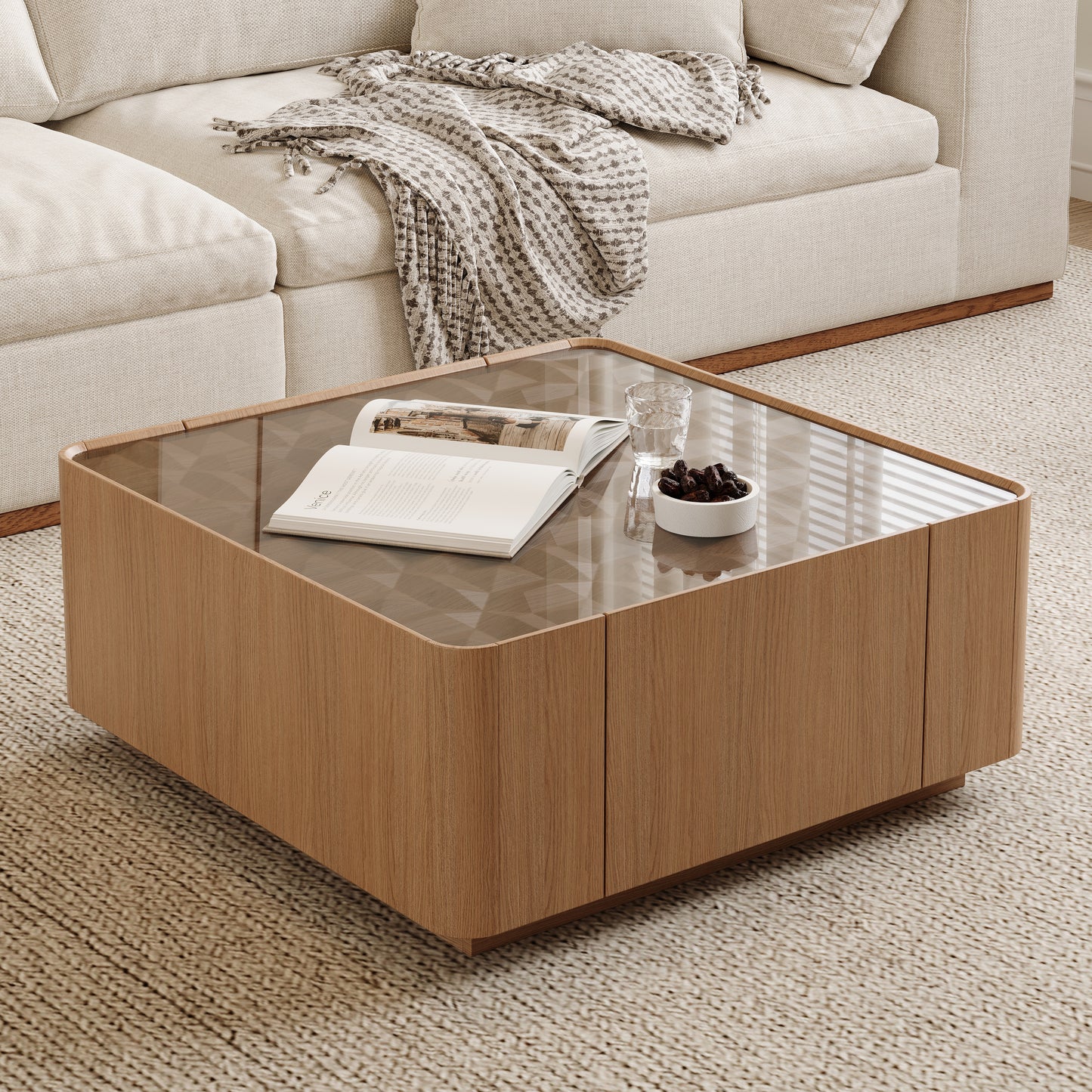 31.5-Inch Square Coffee Table with Storage Drawers,Modern Wooden Coffee Table with Glass Top,Tea Table Center Tables for Living Room Office,Walnut image 2
