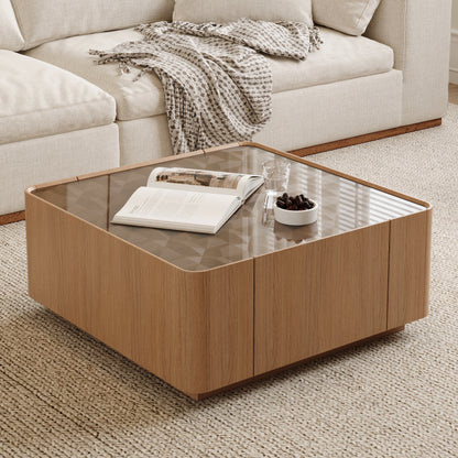 31.5-Inch Square Coffee Table with Storage Drawers,Modern Wooden Coffee Table with Glass Top,Tea Table Center Tables for Living Room Office,Walnut image 2