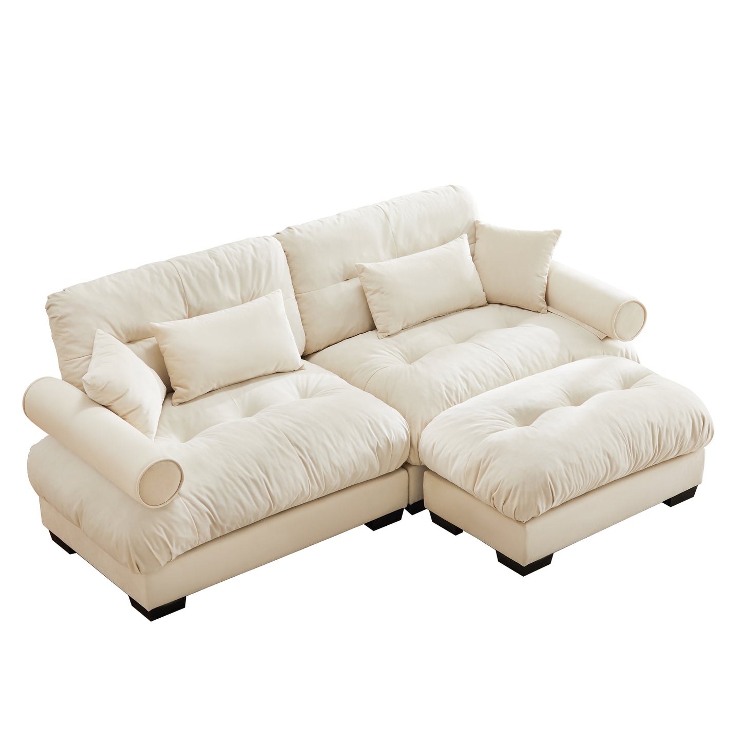 Over Size Modern Two-seater Sofa with Ottoman, Velvet 2-Seater with Round Bolster Armrests,With Waist Pillow and Throw Pillows,Small L Shape Sofa For Living Room, Reading Room, Loft and Bedroom,Cream image 11