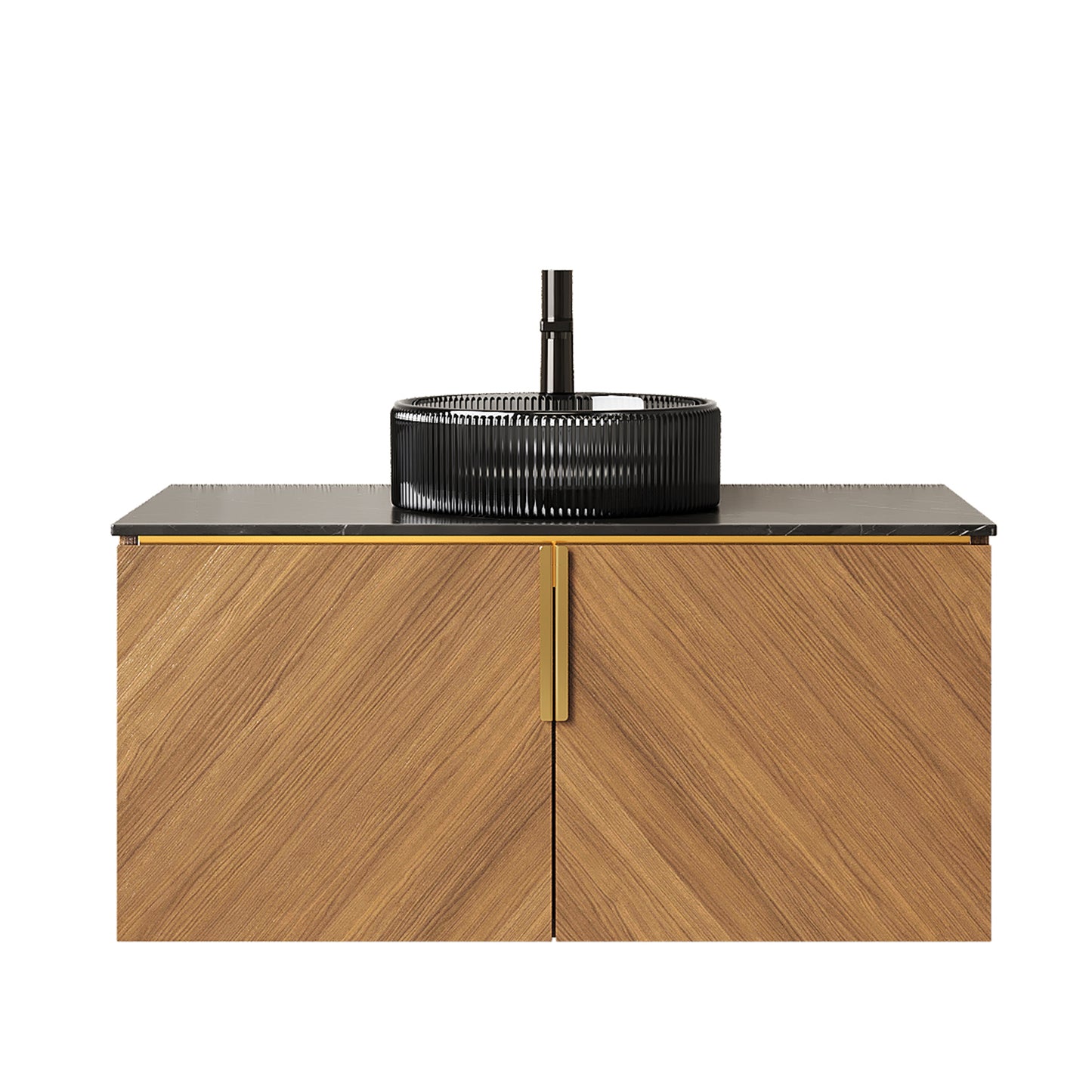 ARAI 36" Bathroom Vanity&Sink, Modern Wall-Mounted Plywood Bathroom Storage Cabinet with Double Doors, Transparent Black Round Glass Basin & Black Sintered Stone Countertop, Brown Oak Woodgrain Color image 3