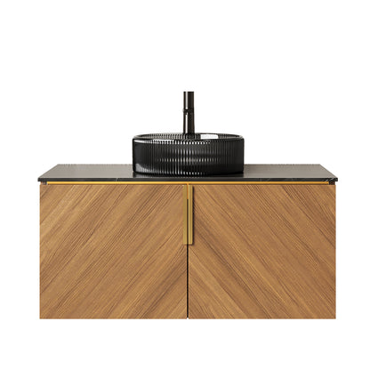 ARAI 36" Bathroom Vanity&Sink, Modern Wall-Mounted Plywood Bathroom Storage Cabinet with Double Doors, Transparent Black Round Glass Basin & Black Sintered Stone Countertop, Brown Oak Woodgrain Color image 3