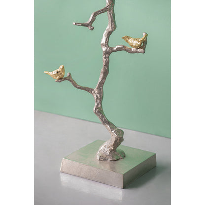 16.9x16.9x28" Round Aluminum Side Table with Silver Branch Design and Gold Bird Accents image 9