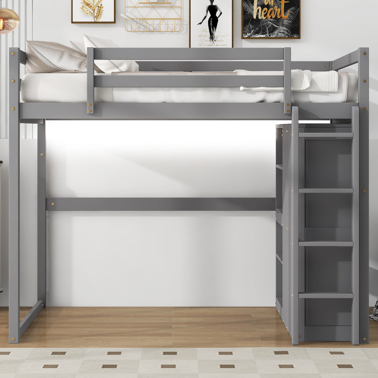 Wood Full Size Loft Bed with Built-in Wardrobe and Storage Shelves, Led light, Gray image 6
