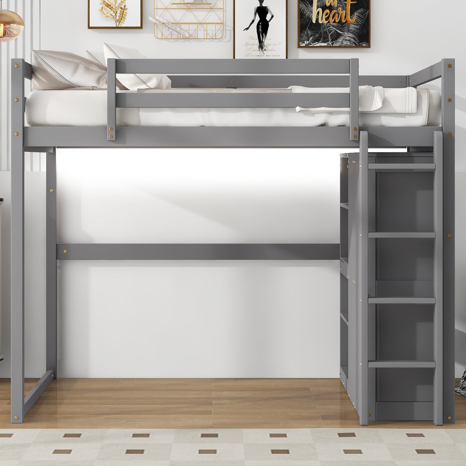 Wood Full Size Loft Bed with Built-in Wardrobe and Storage Shelves, Led light, Gray image 6