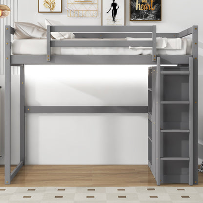 Wood Full Size Loft Bed with Built-in Wardrobe and Storage Shelves, Led light, Gray image 6