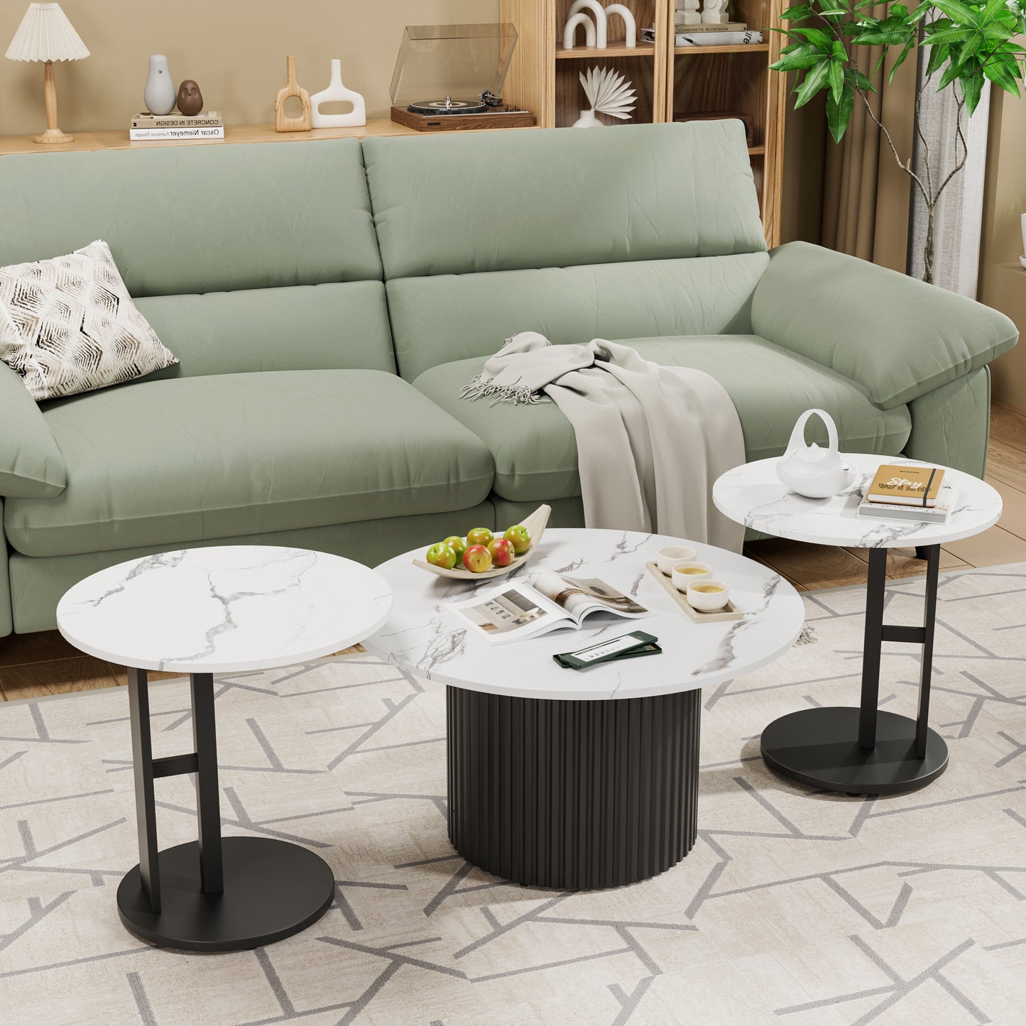 Coffee Table Set of 3, Modern Nesting Coffee Tables with Faux Marble Top and Metal Legs, Round Coffee & Side Tables with Ribbed Design for Living Room, Small Space Apartment image 1