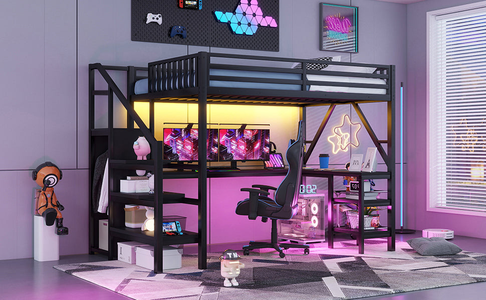 Metal Full Loft Bed with Wardrobe and LED Light, Full Size Loft Bed with L Shaped Desk and USB for Kids Teens Adults, Black(Old SKU W2593S00008,Expect Arrival Date 2026/2/25) image 7