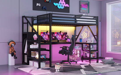 Metal Full Loft Bed with Wardrobe and LED Light, Full Size Loft Bed with L Shaped Desk and USB for Kids Teens Adults, Black(Old SKU W2593S00008,Expect Arrival Date 2026/2/25) image 7