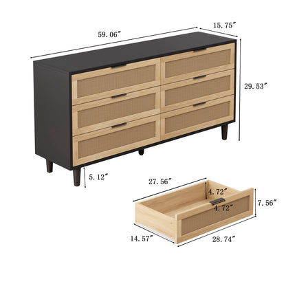 59.06"6-Drawers Rattan Storage Cabinet Rattan Drawer with White Drawer Slides,for Bedroom,Living Room,Black image 3