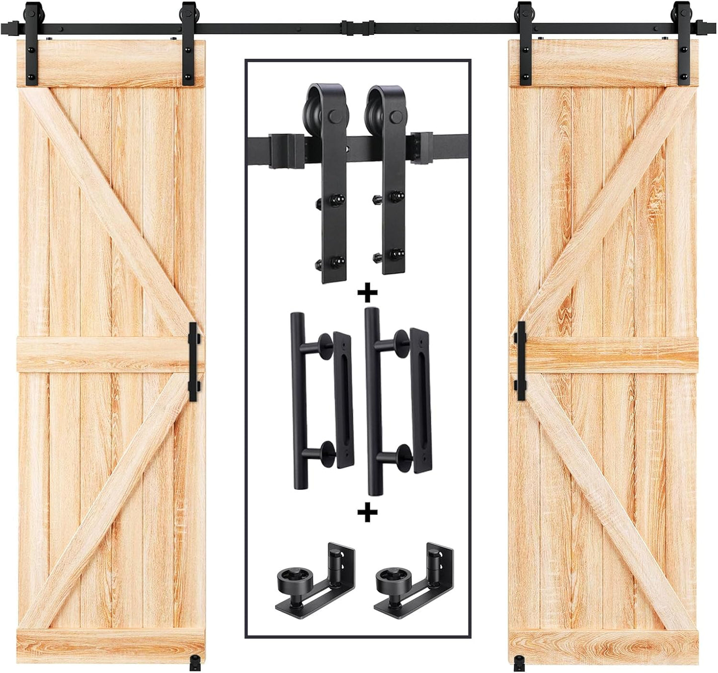 12FT Wood Double Sliding Barn Door Hardware Basic Black Big Spoke Wheel Roller Kit, 5-18FT for Choose image 1