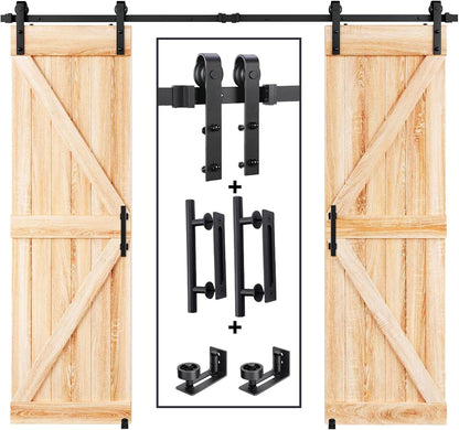 12FT Wood Double Sliding Barn Door Hardware Basic Black Big Spoke Wheel Roller Kit, 5-18FT for Choose image 1