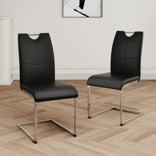 Modern dining chairs set of 2 with faux leather padded seat and chrome metal legs front view