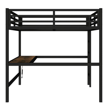 Metal Queen Size Loft Bed with Power Outlet and LED Lighted, Space-Saving, Noise Reduced, Black image 11