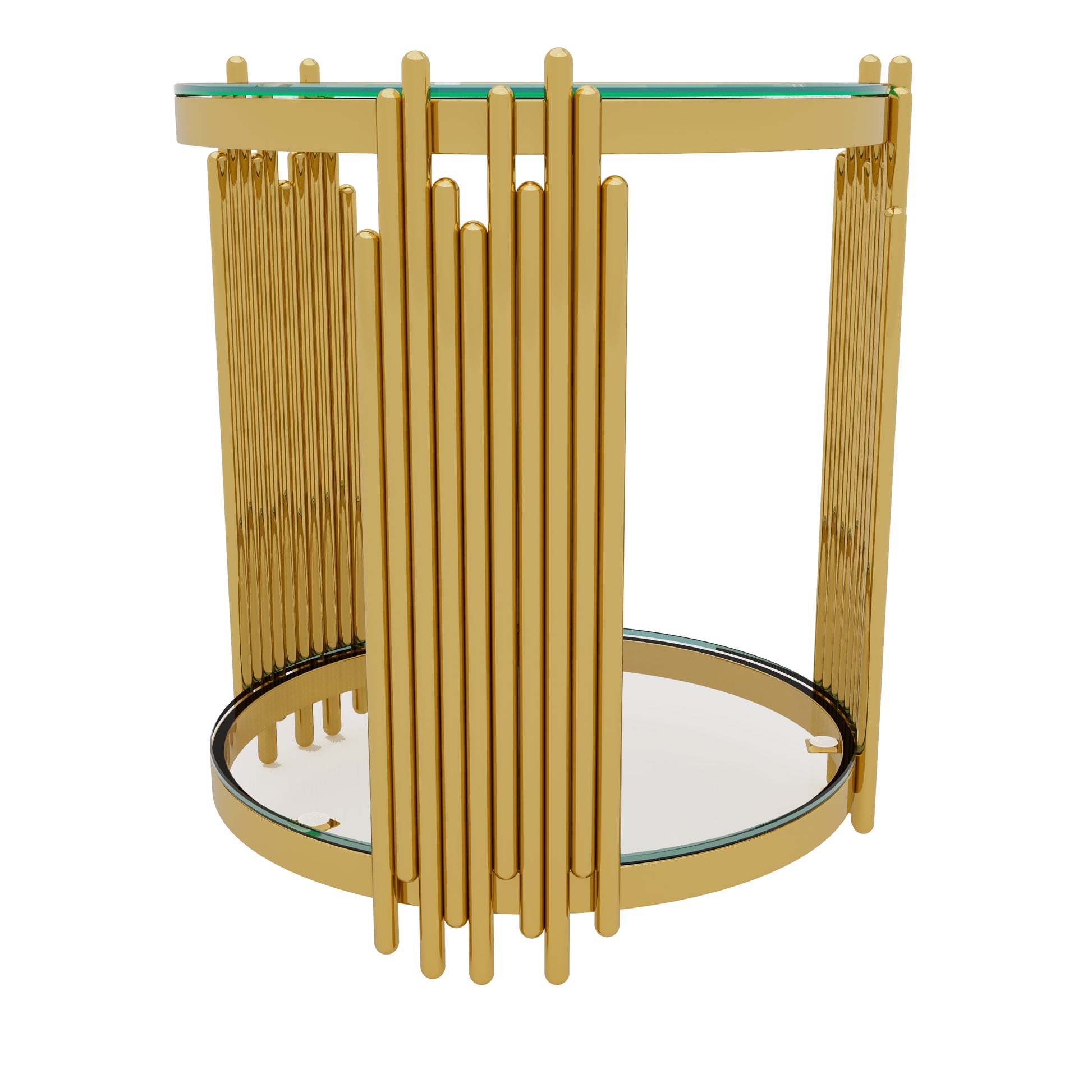 Modern Transparent Glass End Table for Living Room, Round, Asymmetrical Metal, Gold Finish & Lower Shelf, 19.8" image 12