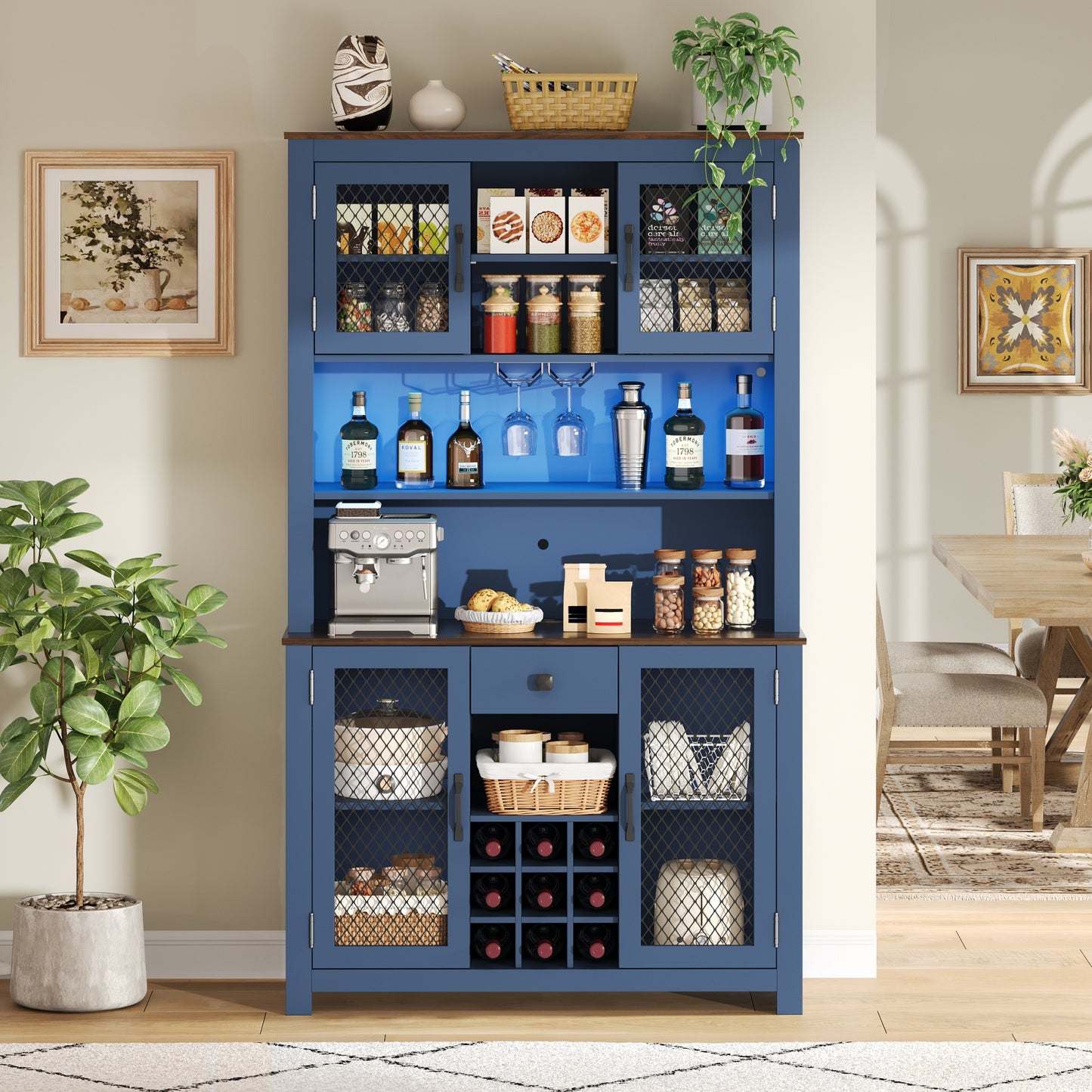 70.9" Kitchen Pantry Storage Cabinet Rustic Buffet Cabinet, Kitchen Hutch Cabinet with LED Outlets Food Pantry Cabinet with Doors and Shelves Wine Rack for Dining Room, Navy Blue image 1