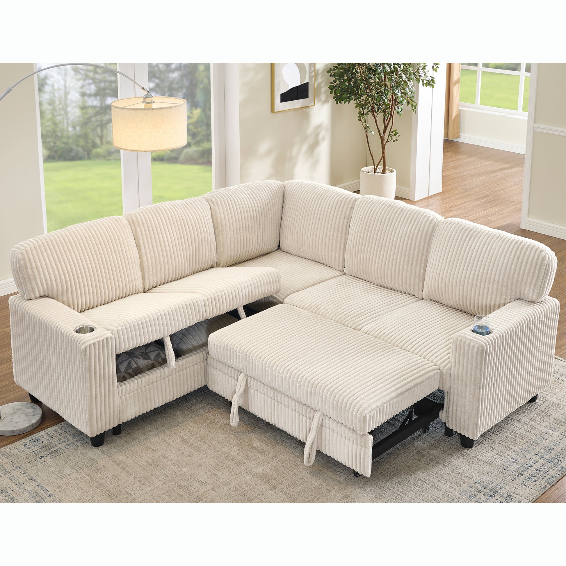L-Shaped Sectional Sofa Bed with Pull-Out Bed & Storage, 5-Seat Sleeper Couch with USB Charging, Convertible Design for Living Room, Apartment, Corduroy Fabric, Beige image 1