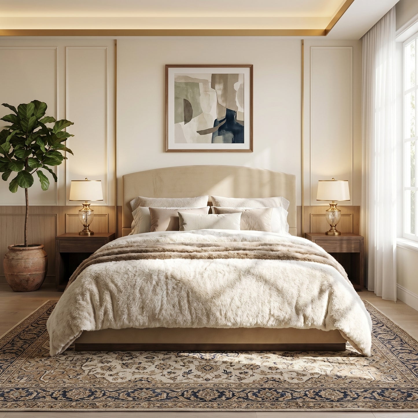 Queen Size Upholstered Bed Frame With Velvet Fabric Thick Headboard, Solid Wood Base, Camel image 2
