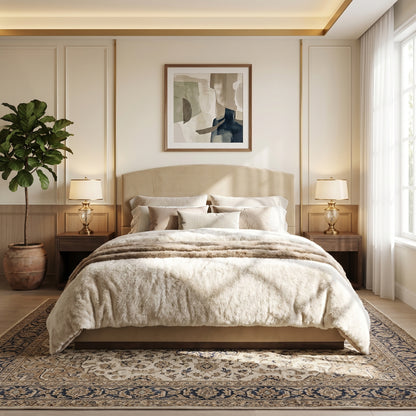 Queen Size Upholstered Bed Frame With Velvet Fabric Thick Headboard, Solid Wood Base, Camel image 2