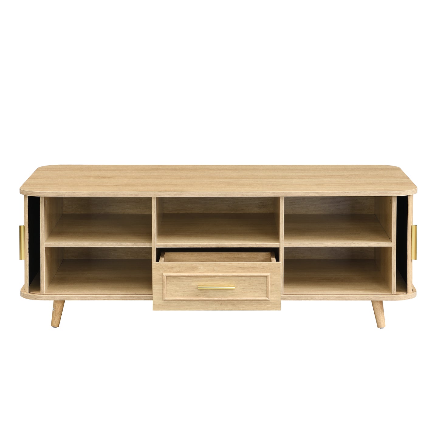 Mid-Century Modern Coffee Table with Storage: Natural Wood Finish, 2 Doors & 1 Drawer, For Living Room, Entertainment Center, Home Theater image 7