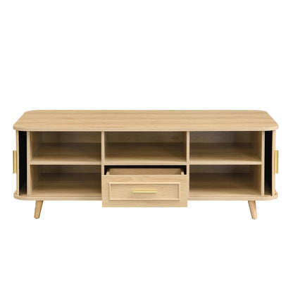Mid-Century Modern Coffee Table with Storage: Natural Wood Finish, 2 Doors & 1 Drawer, For Living Room, Entertainment Center, Home Theater image 7