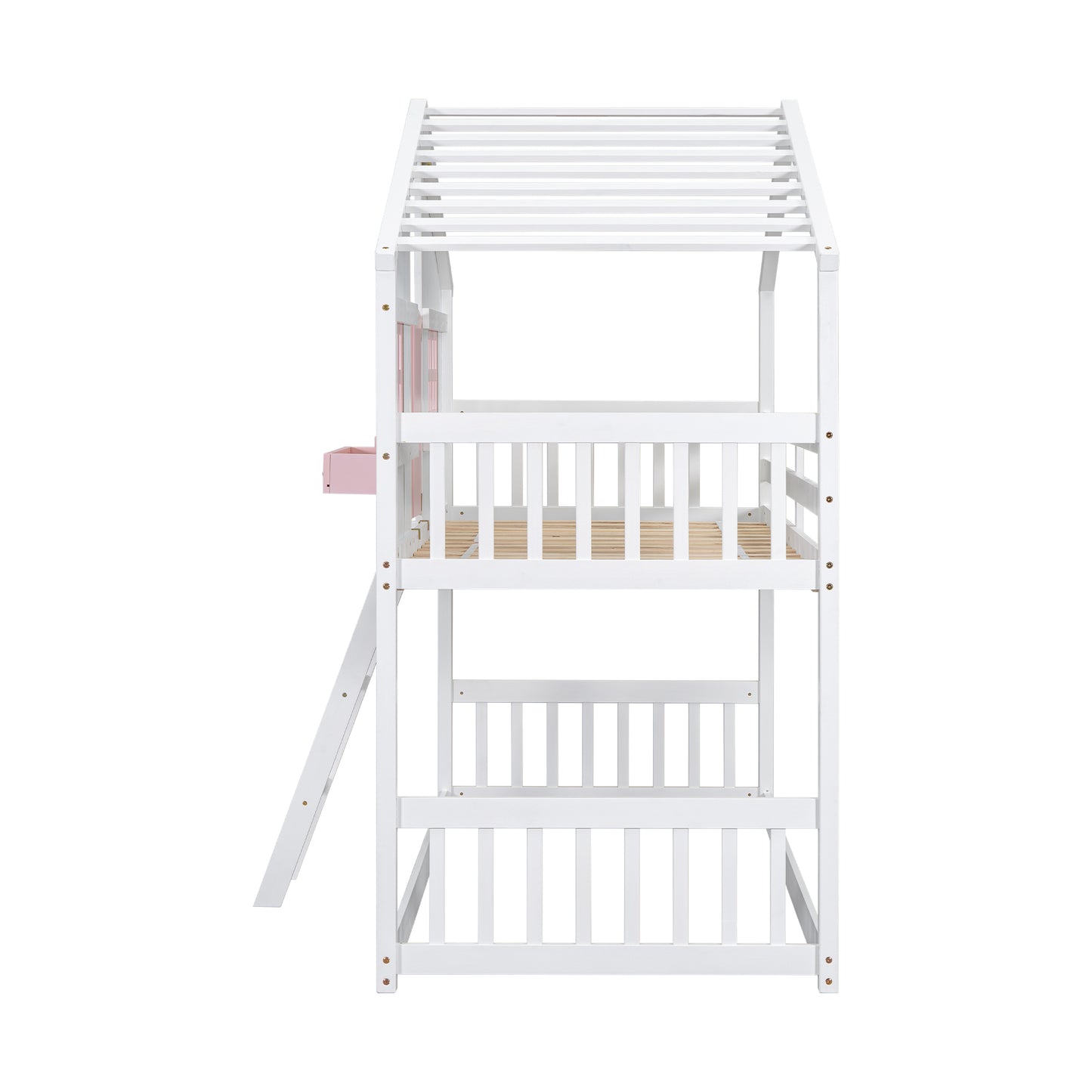 Twin over Twin House Bunk Bed with Roof, Window, Window Box, Door, with Safety Guardrails and Ladder, Pink/White image 5