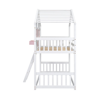 Twin over Twin House Bunk Bed with Roof, Window, Window Box, Door, with Safety Guardrails and Ladder, Pink/White image 5