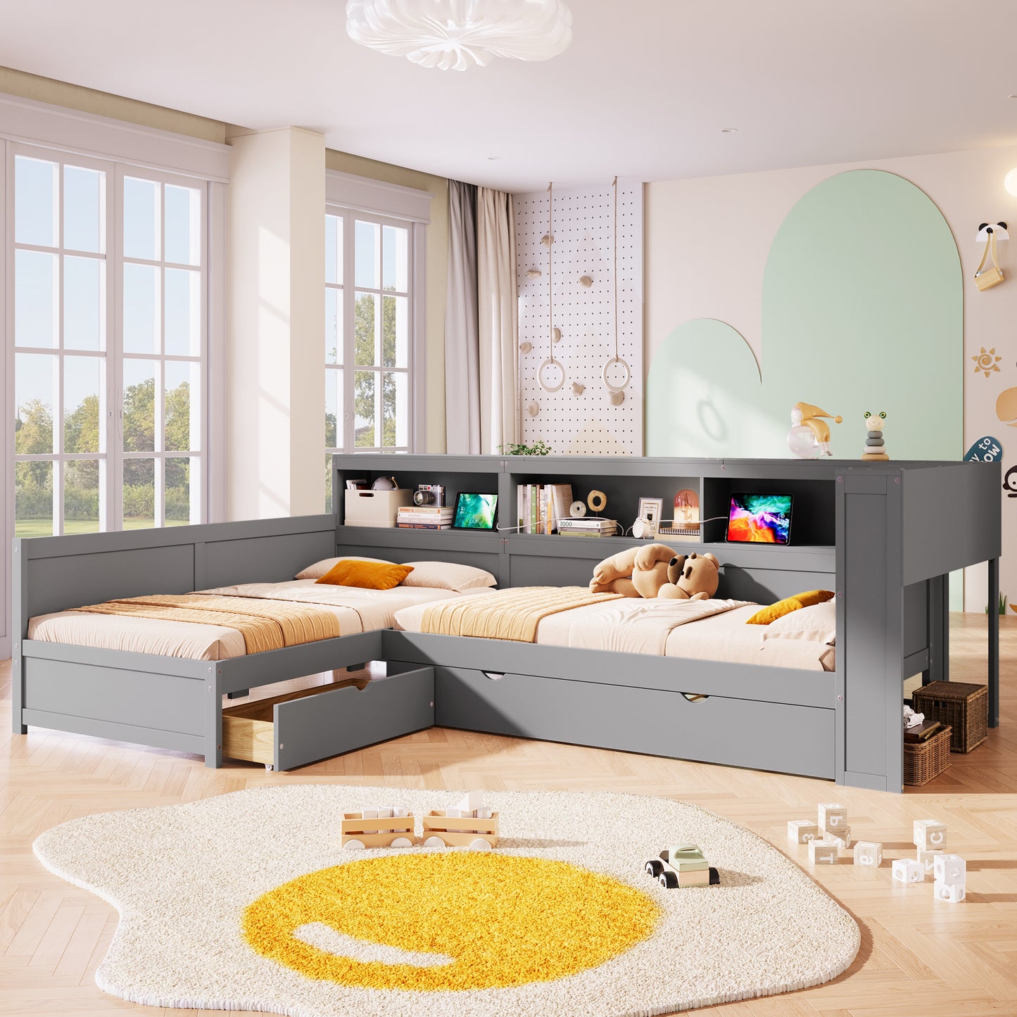 Wood Twin Size L-shaped Platform Bed with Trundle and a Drawer, Grey(Old SKU:N7090001045E) image 2