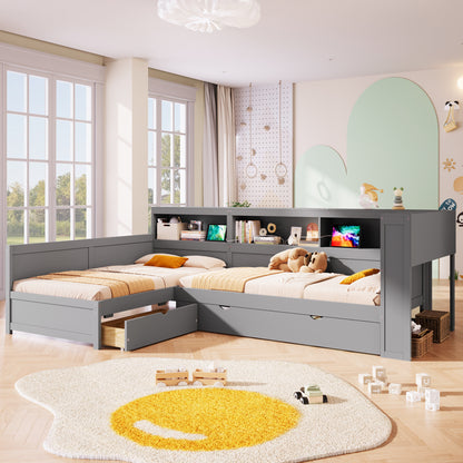 Wood Twin Size L-shaped Platform Bed with Trundle and a Drawer, Grey(Old SKU:N7090001045E) image 2