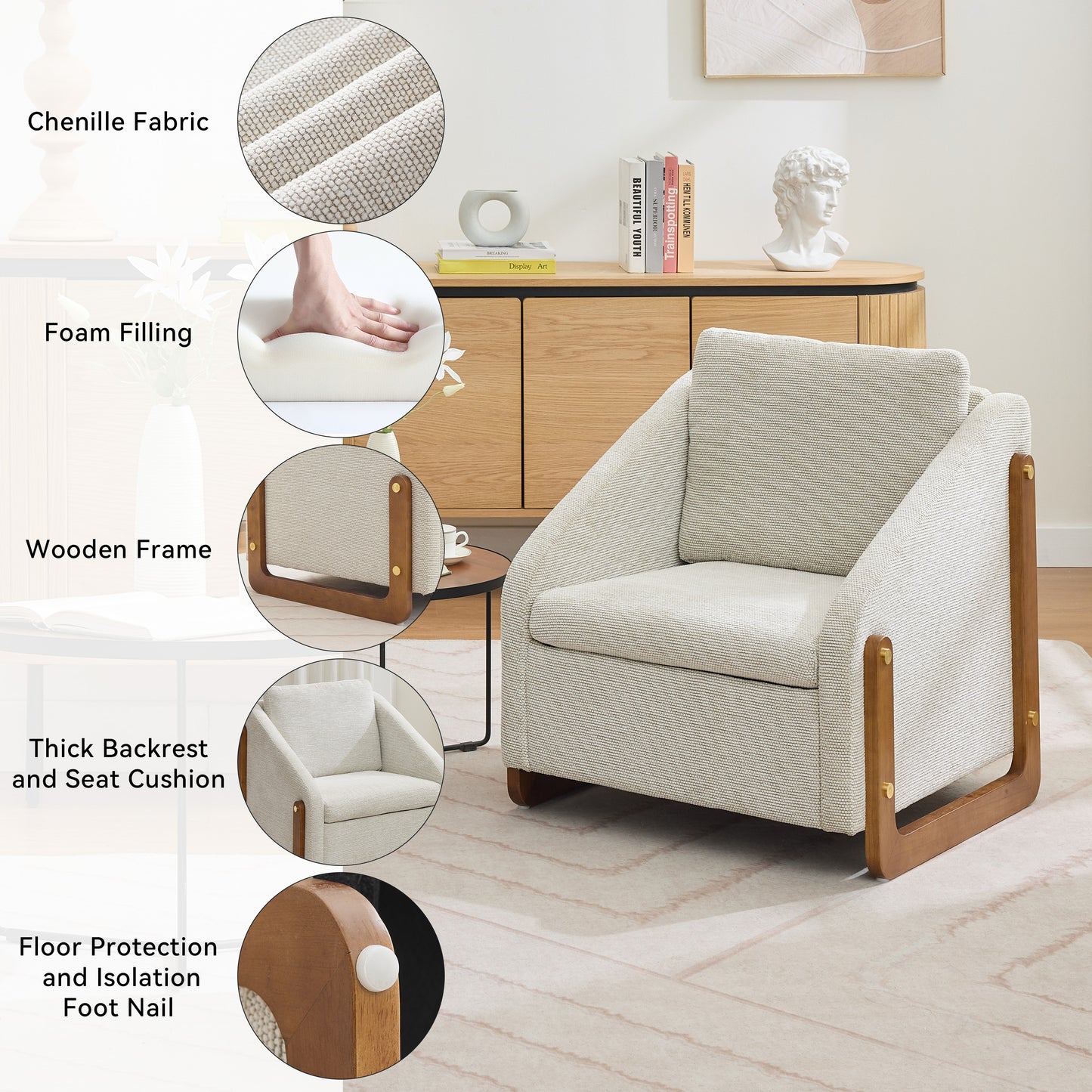 057-Set of 1 Chenille Fabric Modern Upholstered Armchair with Wooden Side Frame, Accent Leisure Chair with Cushioned Seat and Backrest for Living Room, Bedroom,Beige image 3