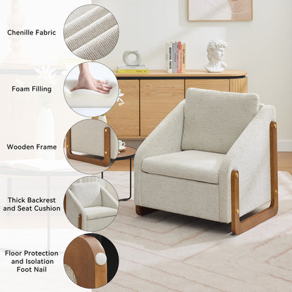 057-Set of 1 Chenille Fabric Modern Upholstered Armchair with Wooden Side Frame, Accent Leisure Chair with Cushioned Seat and Backrest for Living Room, Bedroom,Beige image 3