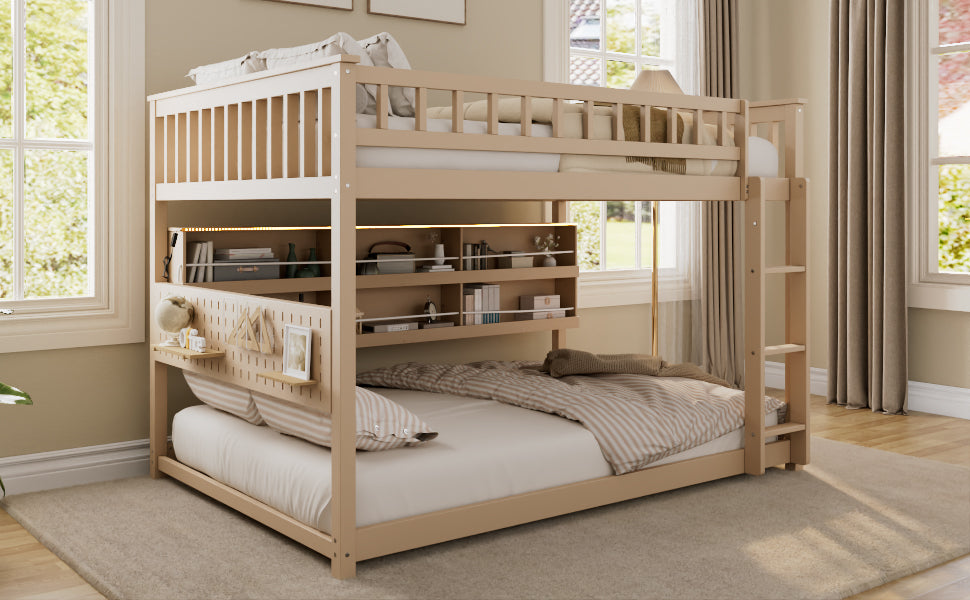 Full over Full Bunk Bed with Integrated Shelving, Color-Changing Lights and Pegboard, Beige image 8