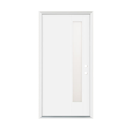 36"x80" Fiberglass Front Door with White 4-9/16" PVC Frame,Left-Hand Inswing Exterior Door with Brickmould,Contemporary minimalist smooth skin with frosted glass for Home Entrance,White image 3