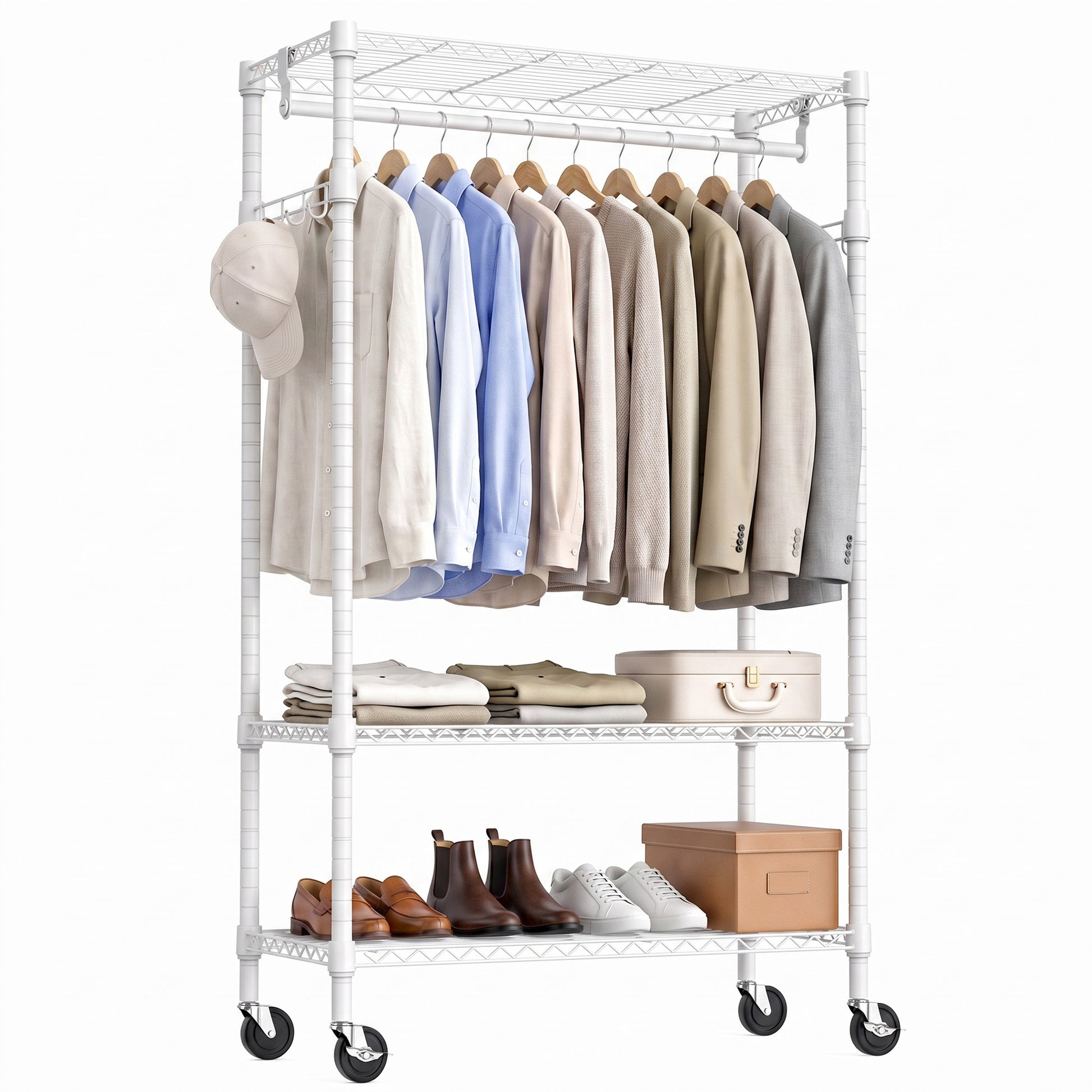 Heavy Duty Rolling Garment Rack 3 Tiers Adjustable Wire Shelving Clothes Rack with Rods and Side Hooks,Storage Closet Clothing Rack with Wheels White 15.7" D x 29.5" W x 74.5" H image 1