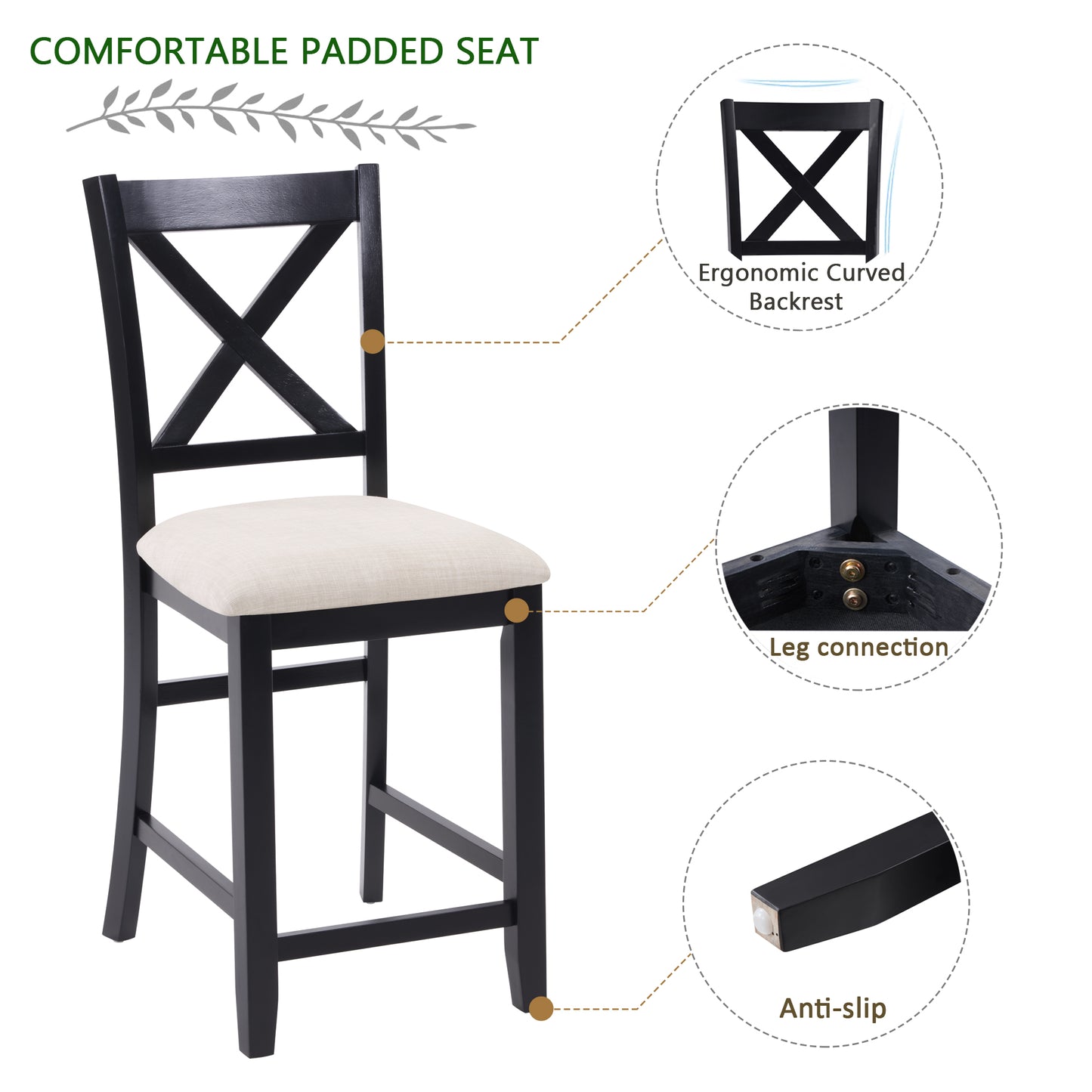 Dining Chairs Only, Wooden Counter Height Dining Chairs Set of 4, Kitchen Chair with Padded Seat, Upholstered Side Chair for Dining Room, Living Room, Kitchen, Black & Beige two tone image 7